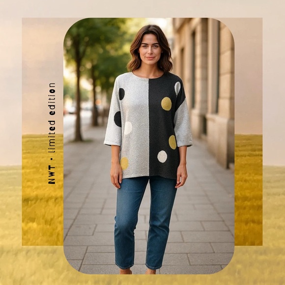 copy 🆕 🎉 oversized black yellow & white polka dot crinkle top tunic - Picture 1 of 14